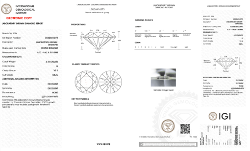 เพชรแท้ Lab Grown Diamond 3.18 กะรัต น้ำ 96 เกรด VS2 ID EX EX N พร้อมเซอร์ IGI (1CER1000)