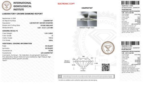 เพชรแท้ Lab Grown Diamond 0.30 กะรัต น้ำ 100 เกรด VVS2 ID EX EX N พร้อมเซอร์ IGI (1CER938)