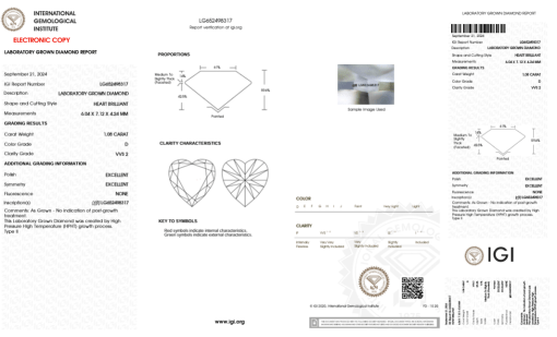 เพชรแท้ Lab Grown Diamond 1.08 กะรัต น้ำ 100 เกรด VVS2 EX EX N พร้อมเซอร์ IGI (1CER1062)