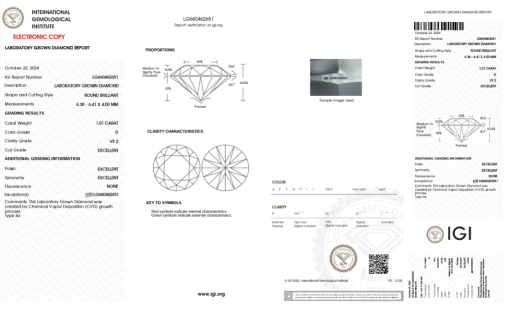 เพชรแท้ Lab Grown Diamond 1.01 กะรัต น้ำ 100 เกรด VS2 EX EX EX N พร้อมเซอร์ IGI (1CER1121)