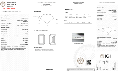 เพชรแท้ Lab Grown Diamond 1.00 กะรัต น้ำ 100 เกรด VVS2 EX EX N พร้อมเซอร์ IGI (1CER1185)