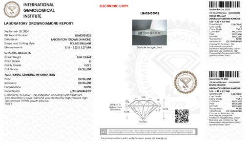 เพชรแท้ Lab Grown Diamond 0.54 กะรัต น้ำ 100 เกรด VVS2 EX EX EX N พร้อมเซอร์ IGI (1CER1235)