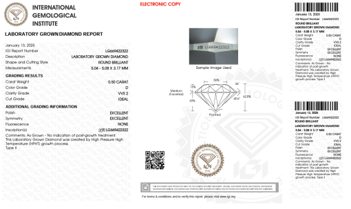 เพชรแท้ Lab Grown Diamond 0.50 กะรัต น้ำ 100 เกรด VVS2 ID EX EX N พร้อมเซอร์ IGI (1CER1240)