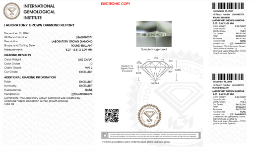 เพชรแท้ Lab Grown Diamond 0.52 กะรัต น้ำ 100 เกรด VVS2 EX EX EX N พร้อมเซอร์ IGI (1CER1242)