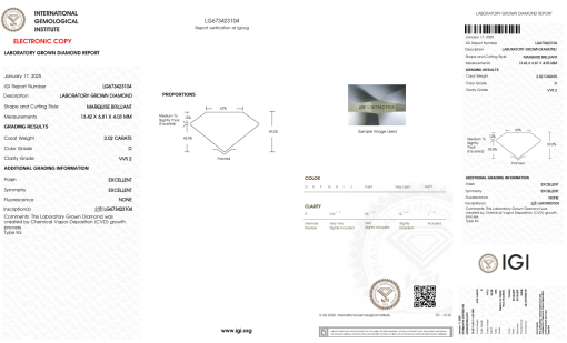 เพชรแท้ Lab Grown Diamond 2.02 กะรัต น้ำ 100 เกรด VVS2 EX EX N พร้อมเซอร์ IGI (1CER1171)