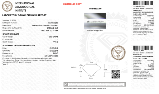 เพชรแท้ Lab Grown Diamond 0.50 กะรัต น้ำ 100 เกรด VVS2 EX EX N พร้อมเซอร์ IGI (1CER1180)