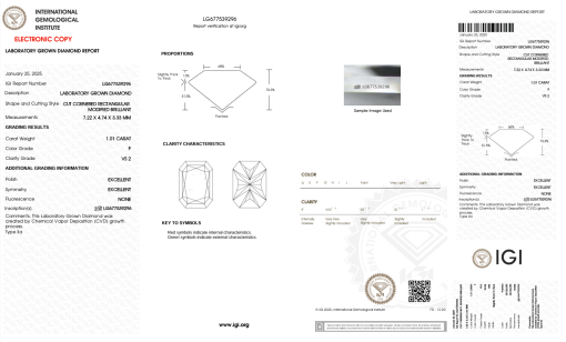 เพชรแท้ Lab Grown Diamond 1.01 กะรัต น้ำ 98 เกรด VS2 EX EX N พร้อมเซอร์ IGI (1CER1220)
