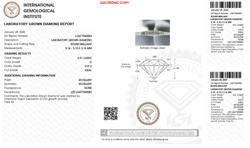 เพชรแท้ Lab Grown Diamond 0.51 กะรัต น้ำ 100 เกรด VVS2 ID EX EX N พร้อมเซอร์ IGI (1CER1239)