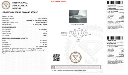 เพชรแท้ Lab Grown Diamond 0.53 กะรัต น้ำ 100 เกรด VVS2 ID EX EX N พร้อมเซอร์ IGI (1CER1243)