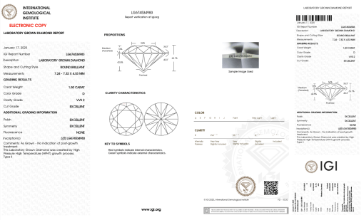 เพชรแท้ Lab Grown Diamond 1.50 กะรัต น้ำ 100 เกรด VVS2 EX EX EX N พร้อมเซอร์ IGI (1CER1287)