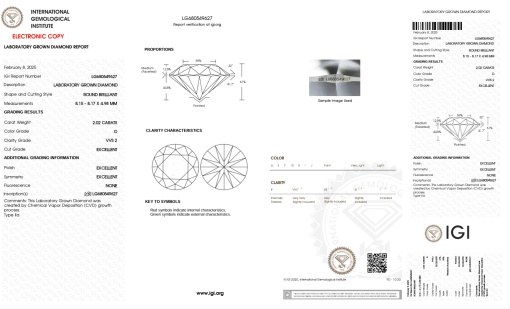 เพชรแท้ Lab Grown Diamond 2.02 กะรัต น้ำ 100 เกรด VVS2 EX EX EX N พร้อมเซอร์ IGI (1CER1276)