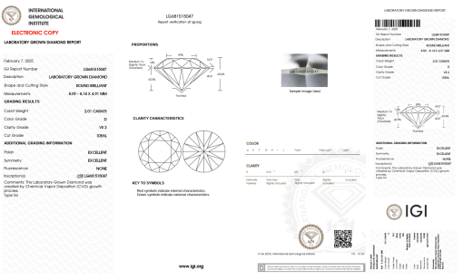 เพชรแท้ Lab Grown Diamond 2.01 กะรัต น้ำ 100 เกรด VS2 ID EX EX N พร้อมเซอร์ IGI (1CER1272)