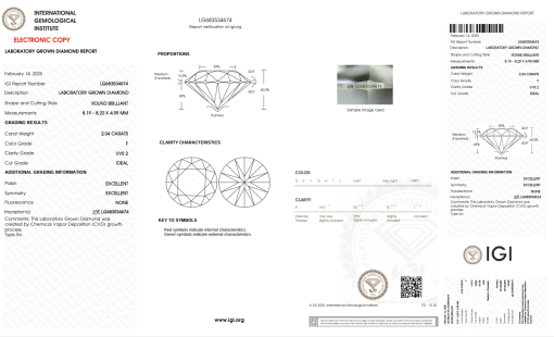 เพชรแท้ Lab Grown Diamond 2.04 กะรัต น้ำ 98 เกรด VVS2 ID EX EX N พร้อมเซอร์ IGI (1CER1265)