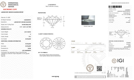 เพชรแท้ Lab Grown Diamond 2.00 กะรัต น้ำ 100 เกรด VS2 EX EX EX N พร้อมเซอร์ IGI (1CER1274)