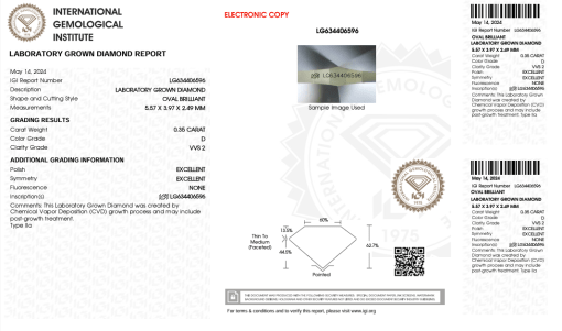 เพชรแท้ Lab Grown Diamond 0.35 กะรัต น้ำ 100 เกรด VVS2 EX EX N พร้อมเซอร์ IGI (1CER1356)