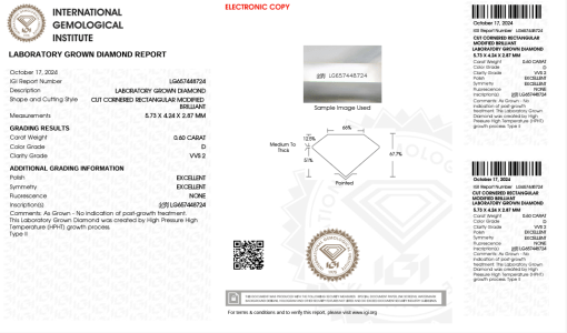 เพชรแท้ Lab Grown Diamond 0.60 กะรัต น้ำ 100 เกรด VVS2 EX EX N พร้อมเซอร์ IGI (1CER1364)