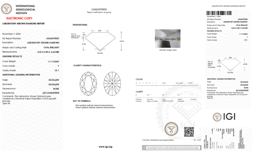 เพชรแท้ Lab Grown Diamond 1.11 กะรัต น้ำ 98 เกรด VS1 EX EX N พร้อมเซอร์ IGI (1CER1347)