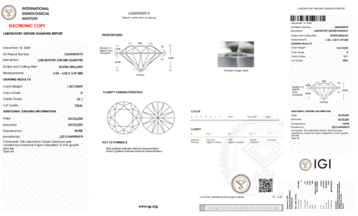 เพชรแท้ Lab Grown Diamond 1.04 กะรัต น้ำ 100 เกรด VS1 ID EX EX N พร้อมเซอร์ IGI (1CER1112)