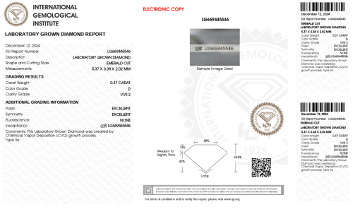เพชรแท้ Lab Grown Diamond 0.37 กะรัต น้ำ 100 เกรด VVS2 EX EX N พร้อมเซอร์ IGI (1CER1333)