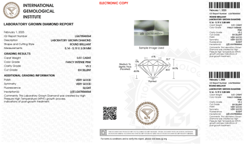 เพชรแท้ Lab Grown Diamond 0.51 กะรัต น้ำ PINK เกรด VS2 EX VG VG SL พร้อมเซอร์ IGI (1CER1323)