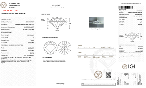 เพชรแท้ Lab Grown Diamond 1.50 กะรัต น้ำ 100 เกรด VVS2 EX EX EX N พร้อมเซอร์ IGI (1CER1388)
