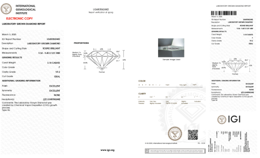 เพชรแท้ Lab Grown Diamond 3.18 กะรัต น้ำ 98 เกรด VS2 ID EX EX N พร้อมเซอร์ IGI (1CER1369)