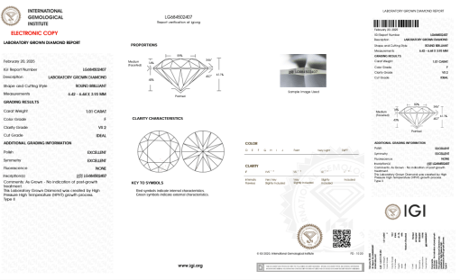 เพชรแท้ Lab Grown Diamond 1.01 กะรัต น้ำ 98 เกรด VS2 ID EX EX N พร้อมเซอร์ IGI (1CER1393)