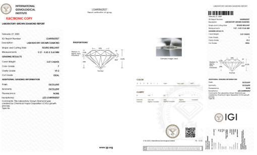 เพชรแท้ Lab Grown Diamond 3.07 กะรัต น้ำ 98 เกรด VS2 ID EX EX N พร้อมเซอร์ IGI (1CER1368)