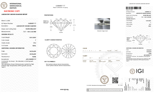 เพชรแท้ Lab Grown Diamond 1.50 กะรัต น้ำ 98 เกรด VS2 ID EX EX N พร้อมเซอร์ IGI (1CER1387)