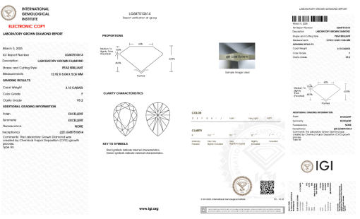 เพชรแท้ Lab Grown Diamond 3.10 กะรัต น้ำ 98 เกรด VS2 EX EX N พร้อมเซอร์ IGI (1CER1335)