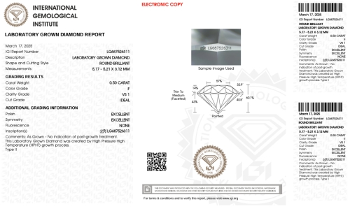 เพชรแท้ Lab Grown Diamond 0.50 กะรัต น้ำ 98 เกรด VS1 ID EX EX N พร้อมเซอร์ IGI (1CER1413)