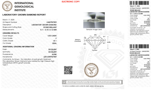 เพชรแท้ Lab Grown Diamond 0.50 กะรัต น้ำ 98 เกรด VS1 ID EX EX N พร้อมเซอร์ IGI (1CER1412)