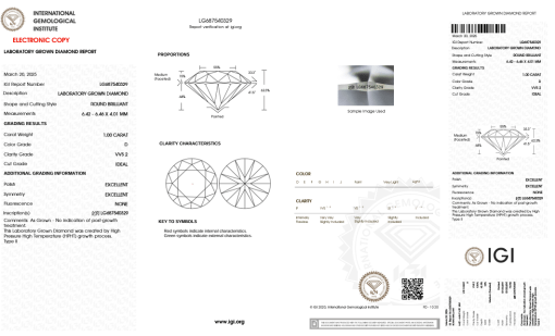 เพชรแท้ Lab Grown Diamond 1.00 กะรัต น้ำ 100 เกรด VVS2 ID EX EX N พร้อมเซอร์ IGI (1CER1401)