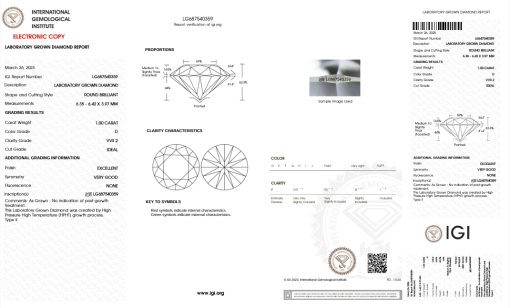 เพชรแท้ Lab Grown Diamond 1.00 กะรัต น้ำ 100 เกรด VVS2 ID EX VG N พร้อมเซอร์ IGI (1CER1402)