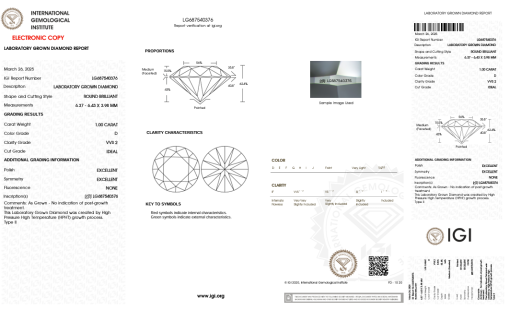 เพชรแท้ Lab Grown Diamond 1.00 กะรัต น้ำ 100 เกรด VVS2 ID EX EX N พร้อมเซอร์ IGI (1CER1403)