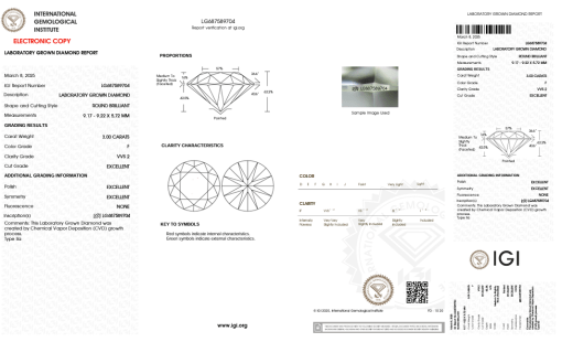 เพชรแท้ Lab Grown Diamond 3.00 กะรัต น้ำ 98 เกรด VVS2 EX EX EX N พร้อมเซอร์ IGI (1CER1372)