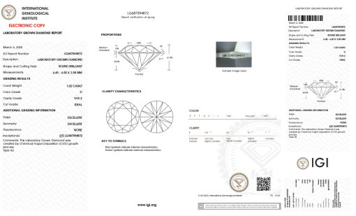 เพชรแท้ Lab Grown Diamond 1.02 กะรัต น้ำ 100 เกรด VVS2 ID EX EX N พร้อมเซอร์ IGI (1CER1410)