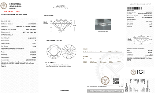 เพชรแท้ Lab Grown Diamond 2.02 กะรัต น้ำ 100 เกรด VVS2 ID EX EX N พร้อมเซอร์ IGI (1CER1382)
