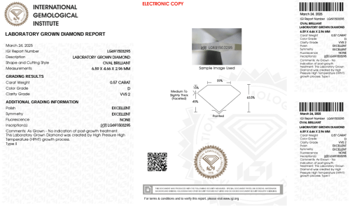 เพชรแท้ Lab Grown Diamond 0.57 กะรัต น้ำ 100 เกรด VVS2 EX EX N พร้อมเซอร์ IGI (1CER1355)