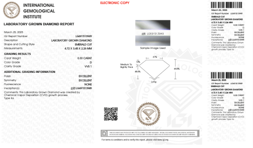 เพชรแท้ Lab Grown Diamond 0.33 กะรัต น้ำ 100 เกรด VVS1 EX EX N พร้อมเซอร์ IGI (1CER1332)