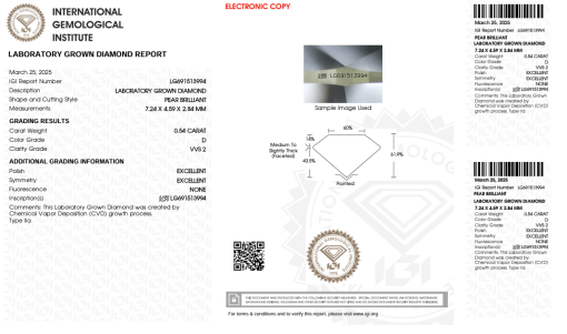 เพชรแท้ Lab Grown Diamond 0.54 กะรัต น้ำ 100 เกรด VVS2 EX EX N พร้อมเซอร์ IGI (1CER1337)
