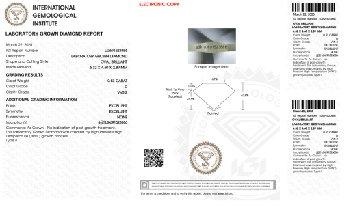 เพชรแท้ Lab Grown Diamond 0.53 กะรัต น้ำ 100 เกรด VVS2 EX EX N พร้อมเซอร์ IGI (1CER1350)