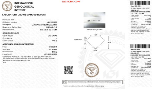 เพชรแท้ Lab Grown Diamond 0.50 กะรัต น้ำ 100 เกรด VVS2 EX EX N พร้อมเซอร์ IGI (1CER1331)