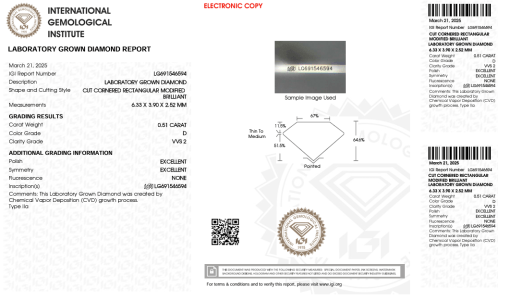 เพชรแท้ Lab Grown Diamond 0.51 กะรัต น้ำ 100 เกรด VVS2 EX EX N พร้อมเซอร์ IGI (1CER1365)
