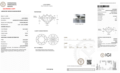 เพชรแท้ Lab Grown Diamond 1.00 กะรัต น้ำ 100 เกรด VVS2 ID EX EX N พร้อมเซอร์ IGI (1CER1400)