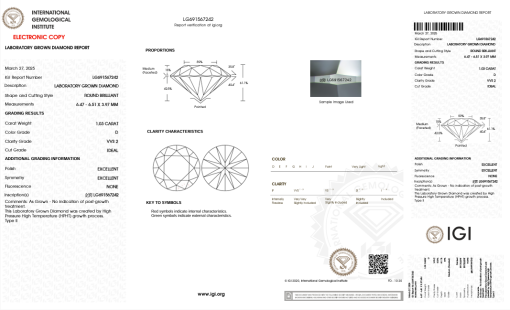 เพชรแท้ Lab Grown Diamond 1.03 กะรัต น้ำ 100 เกรด VVS2 ID EX EX N พร้อมเซอร์ IGI (1CER1409)