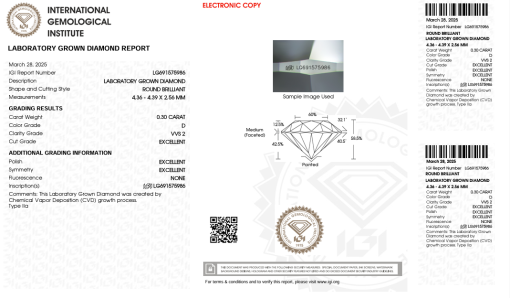 เพชรแท้ Lab Grown Diamond 0.30 กะรัต น้ำ 100 เกรด VVS2 EX EX EX N พร้อมเซอร์ IGI (1CER1421)