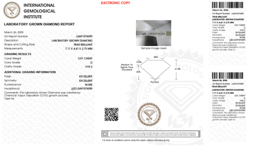 เพชรแท้ Lab Grown Diamond 0.51 กะรัต น้ำ 100 เกรด VVS2 EX EX N พร้อมเซอร์ IGI (1CER1336)
