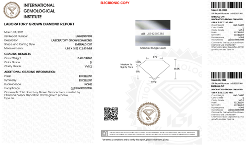 เพชรแท้ Lab Grown Diamond 0.40 กะรัต น้ำ 100 เกรด VVS2 EX EX N พร้อมเซอร์ IGI (1CER1334)