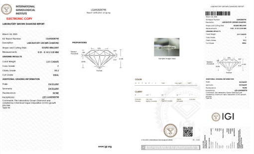เพชรแท้ Lab Grown Diamond 2.01 กะรัต น้ำ 98 เกรด VS2 ID EX EX N พร้อมเซอร์ IGI (1CER1377)